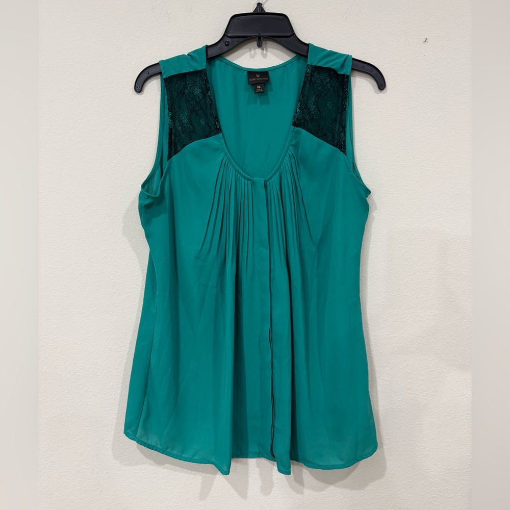 Worthington Teal Sleeveless Lace-Yoke Pleated Camisole
